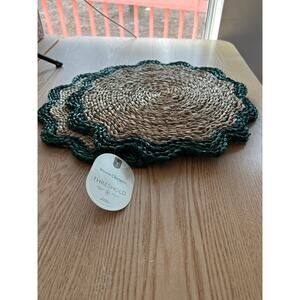 New Threshold 2Pc Woven Chargers Pot Holders Trivets Natural Hunter Green 15”